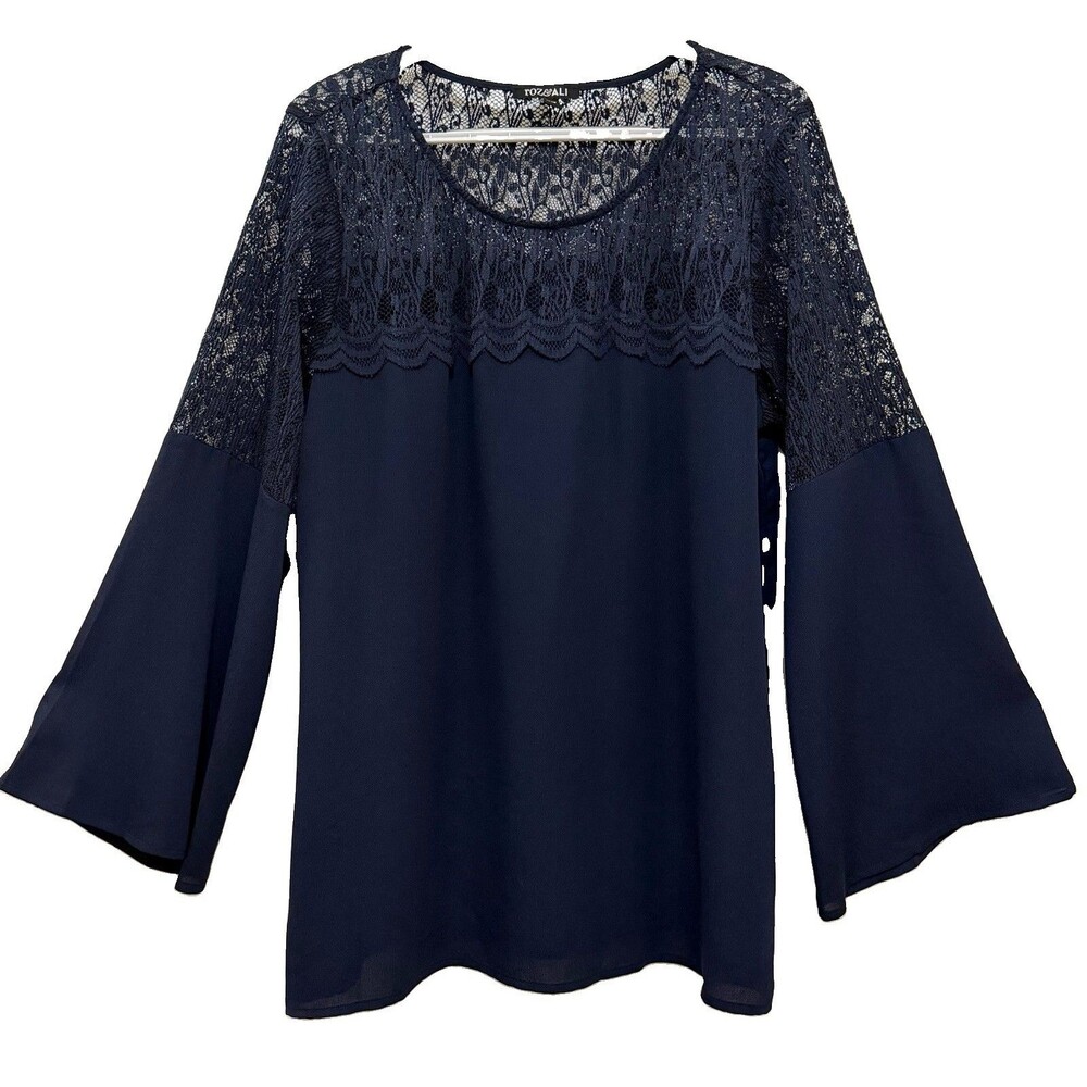Roz & Ali 1X Navy Lace Bell Sleeve Blouse Sheer Chiffon Plus Size Dressy Top